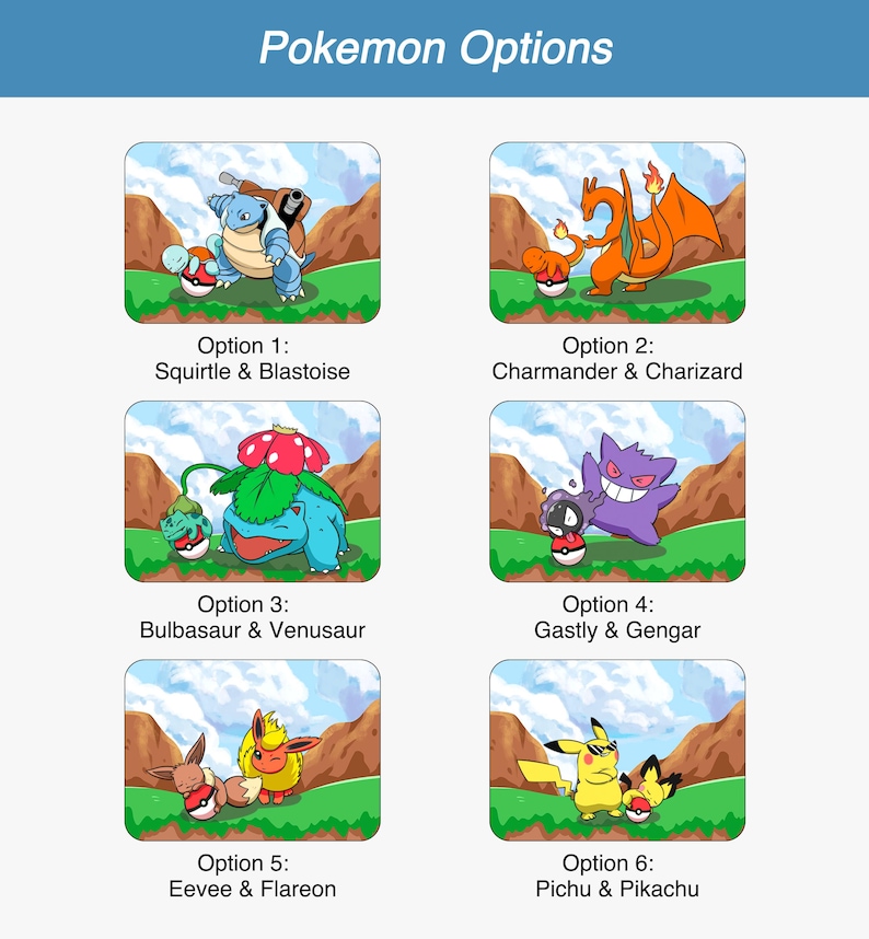 May include: An image titled "Pokemon Options" displays six cartoon illustrations of Pokemon characters. Each image features two Pokemon, with their names listed below. The background shows a green field, brown hills, and a blue sky.
