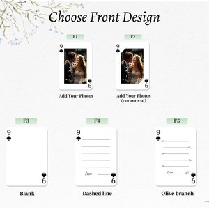 May include: Five different card front designs to choose from for a custom playing card. The designs include a blank card, a card with a dashed line, a card with an olive branch, and two cards with a photo placeholder. The text "Choose Front Design" is at the top of the image.