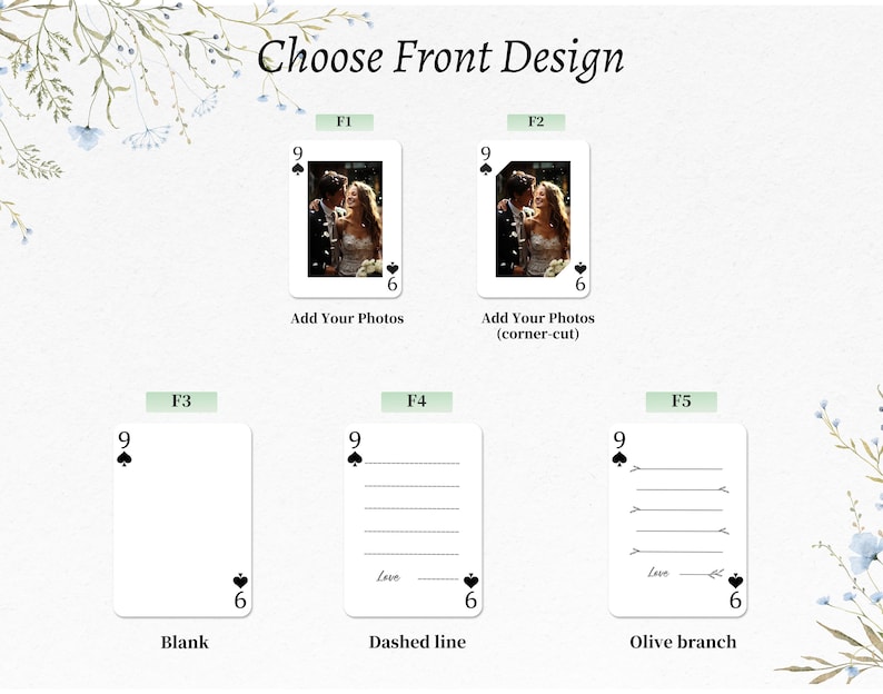 May include: Five different card front designs to choose from for a custom playing card. The designs include a blank card, a card with a dashed line, a card with an olive branch, and two cards with a photo placeholder. The text "Choose Front Design" is at the top of the image.