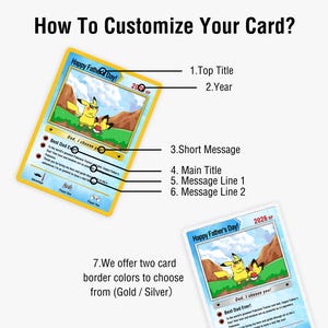 May include: Customizable Father's Day card with a Pikachu theme. The card features a yellow border, a cartoon illustration, and the text "Happy Father's Day!" and "Dad, I choose you!" The card offers gold or silver border options.