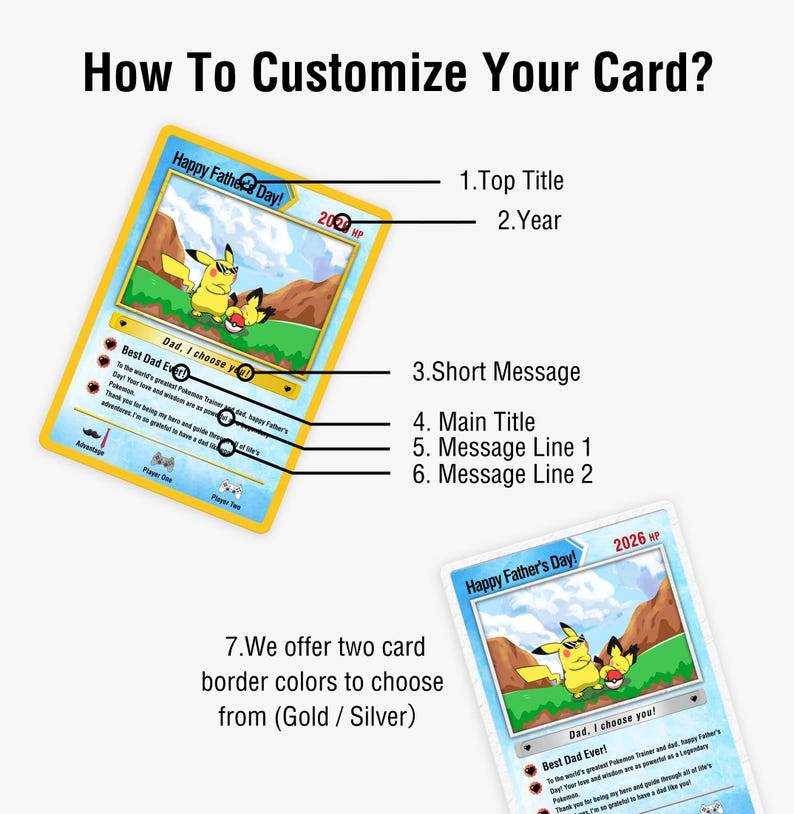 May include: Customizable Father's Day card with a Pikachu theme. The card features a yellow border, a cartoon illustration, and the text "Happy Father's Day!" and "Dad, I choose you!" The card offers gold or silver border options.
