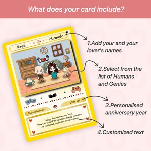 May include: A yellow card with a cartoon couple, a cat, and a Snorlax. The card has the text "Reed" and "Miranda" at the top, and "The Anniversary" and "2024 HP" at the bottom. The card also has a message that says "Happy Anniversary, my love! Here's to us and the countless happy moments we've shared, and many more to come."