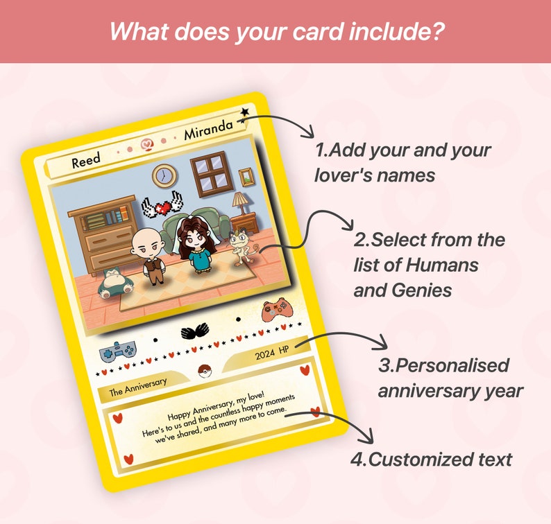 May include: A yellow card with a cartoon couple, a cat, and a Snorlax. The card has the text "Reed" and "Miranda" at the top, and "The Anniversary" and "2024 HP" at the bottom. The card also has a message that says "Happy Anniversary, my love! Here's to us and the countless happy moments we've shared, and many more to come."