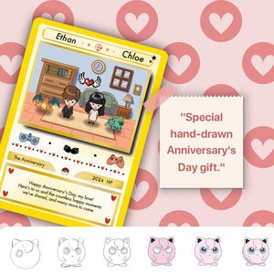 May include: A custom yellow card with the names "Ethan" and "Chloe" on it, featuring a hand-drawn anniversary scene. The card includes the text "Happy Anniversary's Day, my love!" and "Special hand-drawn Anniversary's Day gift."