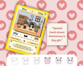 Custom Hand-Drawn Pokemon-Themed Anniversary Card, Anniversary Gift for Him or Her, Special Anniversary Card, Charming Present for Couples