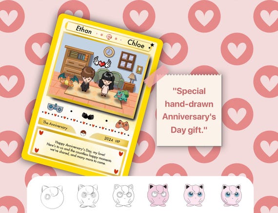 Custom Hand-Drawn Pokemon-Themed Anniversary Card, Anniversary Gift for Him or Her, Special Anniversary Card, Charming Present for Couples