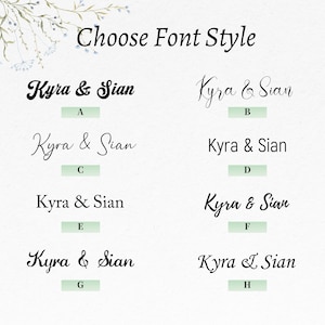 May include: Eight different font styles for the names "Kyra & Sian" are displayed on a white background with a floral design.