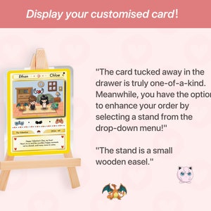 May include: A customized card displayed on a small wooden easel. The card features a cartoon illustration with the names "Ethan" and "Chloe" and the text "2024 HP". The image also includes the text "Display your customised card!"