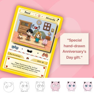 Tarjeta de aniversario personalizada con temática de Pokémon dibujada a mano, tarjeta de aniversario, tarjeta de aniversario de pareja personalizada, regalo del Día de San Valentín