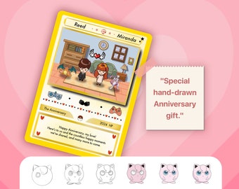Personalized Hand-Drawn Pokemon-Themed Anniversary Card, Valentine Gift, Unique Anniversary Card, Custom Couple's Anniversary Gift