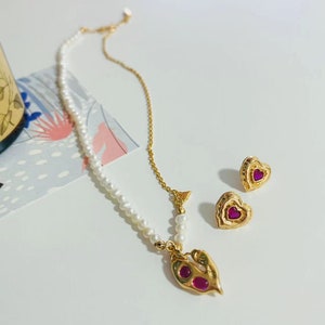 Ruby Heart Necklace,Ruby Heart Charm,18k Gold Plated,Ruby Heart Zicron Earrings,Ruby Gemstone Necklace,Red and Pearl Necklace,Jewelry set