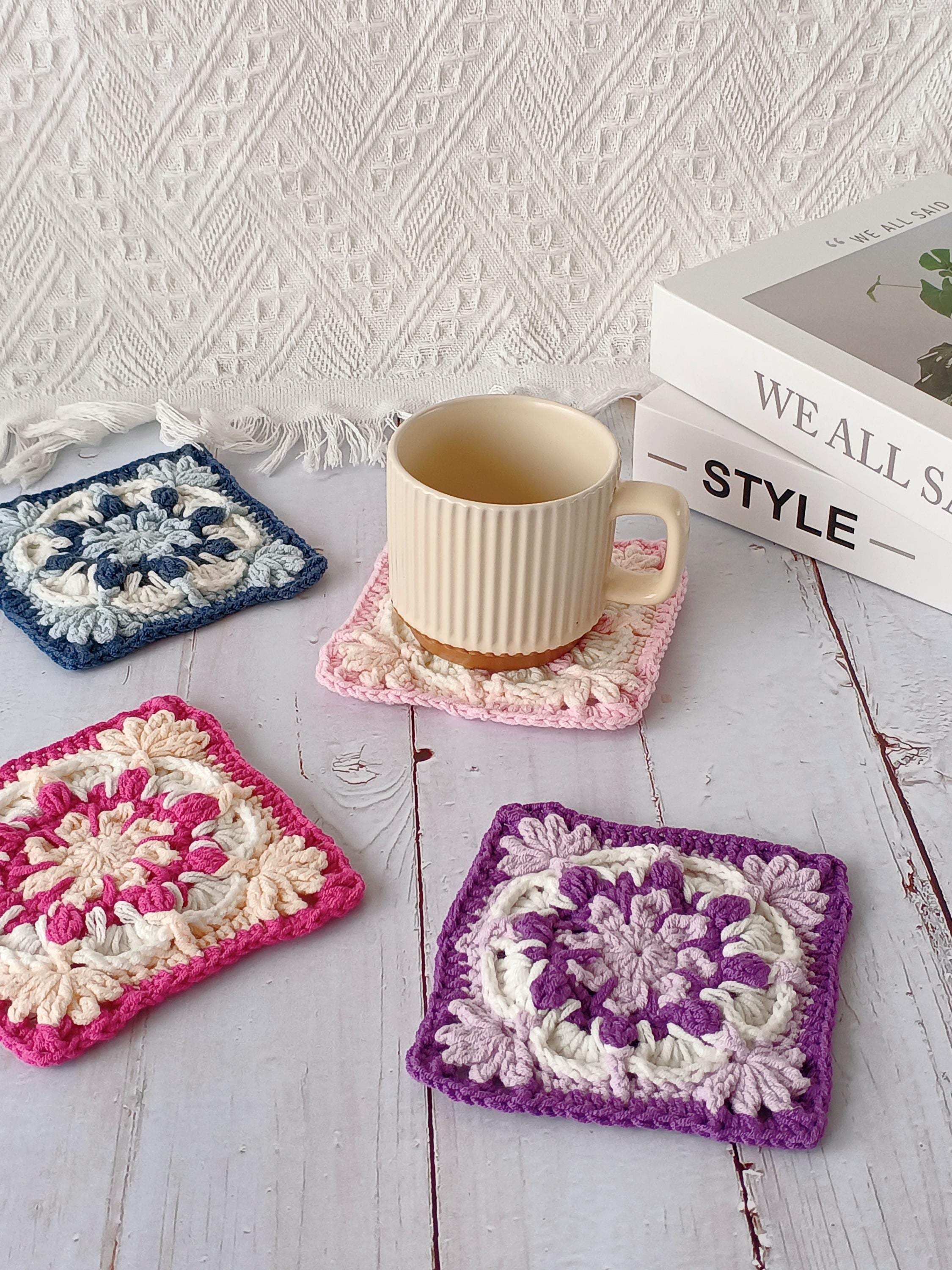 Crochet Coaster Set, Handmade Floral Cotton Mug Rugs