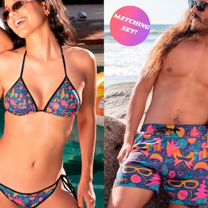 Couple's Matching Swimsuits for Summer, Bright Women's Summer Bikini, Men's Mid-Length Swim Shorts, Couple Gift, Wedding Gift For Couple