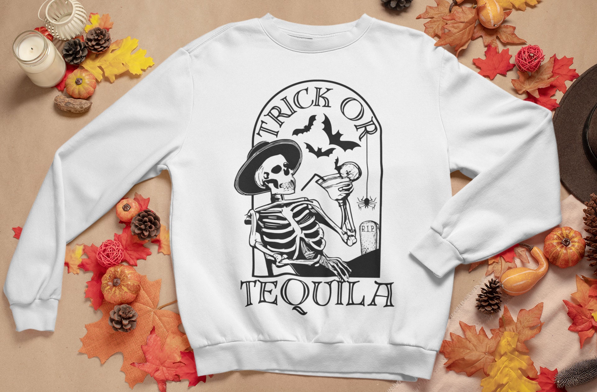 Halloween Sweatshirt for Fall, Funny Fall Crewneck Sweatshirt for Women, Women's Skeleton Halloween Shirt, Women Trick or Tequila Sweatshirt