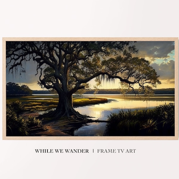 Cadre TV Art | Chêne avec mousse espagnole au coucher du soleil à Charleston en Caroline du Sud Lowcountry | vintage Peinture à l'huile DIGITAL Télécharger #TV147