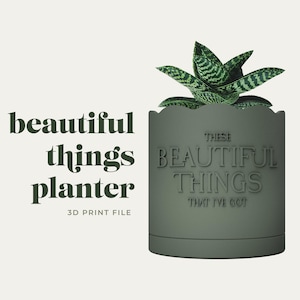 May include: A dark green 3D printable planter with the text "These Beautiful Things That I've Got" embossed on the side. The planter is shown with a green succulent plant.