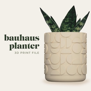 Puede incluir: Un macetero beige con un patrón geométrico, con una planta verde. El macetero está etiquetado como "bauhaus planter 3D PRINT FILE".