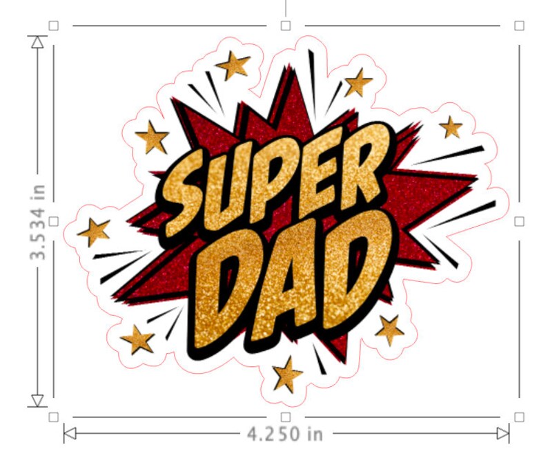 Op de afbeelding: Een rode en gouden glitter sticker met de tekst "SUPER DAD" in een comic-stijl lettertype. De sticker is ongeveer 10,8 cm breed en 8,9 cm hoog.