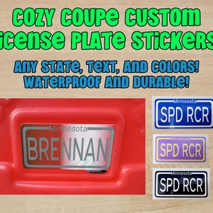 May include: Three custom license plate stickers for a Cozy Coupe toy car. The stickers are blue, purple, and black with white text that reads "SPD RCR" and "Minnesota". The stickers are waterproof and durable.