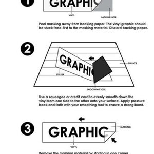 Pode incluir: Um guia de quatro etapas sobre como aplicar um adesivo recortado. As etapas s&atilde;o ilustradas com um gr&aacute;fico da palavra "GRAPHIC" e setas que mostram a dire&ccedil;&atilde;o da aplica&ccedil;&atilde;o do adesivo. As etapas s&atilde;o: 1. Descole a m&aacute;scara do papel de suporte. 2. Use uma esp&aacute;tula ou um cart&atilde;o de cr&eacute;dito para alisar o vinil. 3. Remova o material de mascaramento. 4. Conclu&iacute;do.