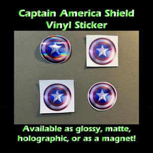 CAPTAIN AMERICA SHIELD Vinyl Sticker, made with waterproof and scratch resistant ink! Available with a matte, glossy, or holographic finish.