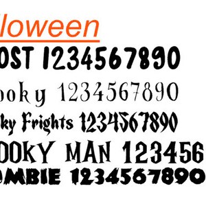 Pode incluir: Fonte de Halloween com a palavra "Halloween" em texto laranja e uma linha abaixo. A palavra "GHOST" est&aacute; em preto com os n&uacute;meros 1234567890 abaixo. A palavra "Spooky" est&aacute; em preto com os n&uacute;meros 1234567890 abaixo. A palavra "Spooky Frights" est&aacute; em preto com os n&uacute;meros 1234567890 abaixo. A palavra "SPOOKY MAN" est&aacute; em preto com os n&uacute;meros 1234567890 abaixo. A palavra "ZOMBIE" est&aacute; em preto com os n&uacute;meros 1234567890 abaixo.