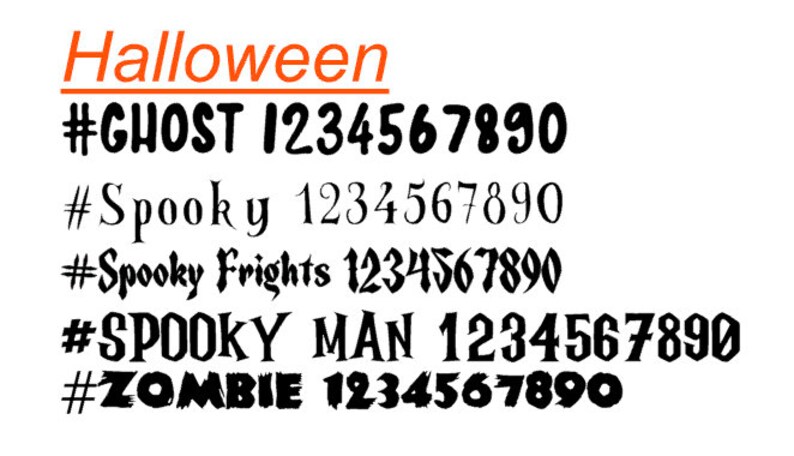 Pode incluir: Fonte de Halloween com a palavra "Halloween" em texto laranja e uma linha abaixo. A palavra "GHOST" est&aacute; em preto com os n&uacute;meros 1234567890 abaixo. A palavra "Spooky" est&aacute; em preto com os n&uacute;meros 1234567890 abaixo. A palavra "Spooky Frights" est&aacute; em preto com os n&uacute;meros 1234567890 abaixo. A palavra "SPOOKY MAN" est&aacute; em preto com os n&uacute;meros 1234567890 abaixo. A palavra "ZOMBIE" est&aacute; em preto com os n&uacute;meros 1234567890 abaixo.