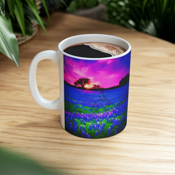 Bluebonnet flowers under sunset neon in texas make by Ai Magic mug ,Coffee Mug, Travel Mug,Tumble ,  Stainless Steel Water Bottle,gift