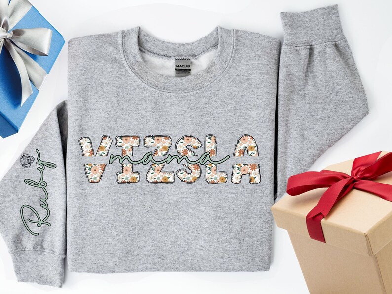 Custom Boho Vizsla Boy Dog Mama Sweatshirt With Name on Sleeve,boho Dog