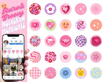 25 Preppy Pink Retro Instagram Highlight Covers For Instagram Story - Instagram Highlights Colorful Icons - Groovy Funky Girly 90s Highlight