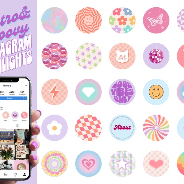 25 Retro Groovy Instagram Highlight Covers - Covers for Instagram Stories - Instagram Highlights Colorful Icons - Bright & Funky Highlights