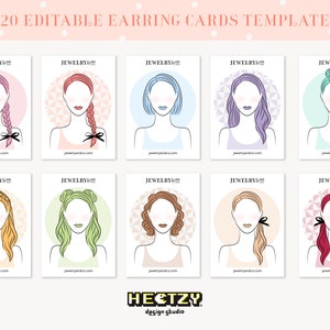 Pastell Ohrring Card Template Canva, Schmuck Display Karte bearbeitbar, Mädchen Porträts, Ohrring Paket Vorlage, druckbare Ohrring Karte