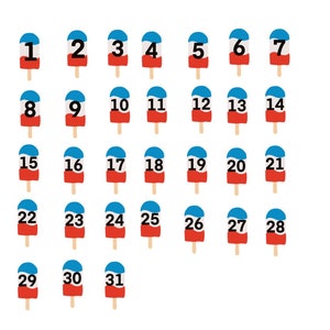 May include: A set of 31 popsicle-shaped stickers with numbers 1 through 31. Each sticker is red, white, and blue with a black number.