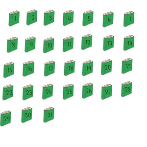 May include: Illustration of 31 green books, each with a number from 1 to 31 on the spine. The books are arranged in rows and columns against a white background. The numbers are in a black, sans-serif font.