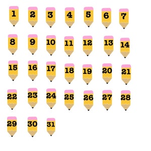 May include: A set of 31 yellow pencil-shaped stickers with pink erasers. Each pencil has a black number from 1 to 31.