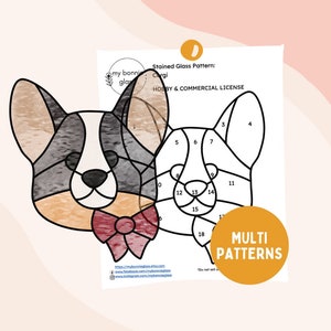 May include: A stained glass pattern of a corgi dog with a red bow tie. The pattern is numbered for easy assembly. The image includes the text "Stained Glass Pattern: Corgi" and "Hobby & Commercial License".
