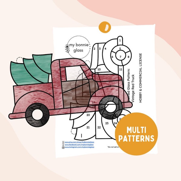 PATTERN PACK • Vintage Red Truck Stained Glass Pattern, printable digital download