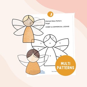 Puede incluir: Un patrón de vitral de un ángel con secciones numeradas para colorear. El patrón está etiquetado como "Patrón de vitral: Ángel" y "Licencia de aficionado y comercial". La imagen también incluye el texto "PATRONES MÚLTIPLES".