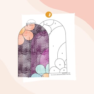 May include: A stained glass pattern of a flower arch with 12 numbered sections. The pattern is in shades of purple, pink, blue, and orange. The text "Stained Glass Pattern: Flower Arch" is written vertically on the left side of the image. The text "HOBBY & COMMERCIAL LICENSE" is written vertically on the right side of the image. The text "COPYRIGHT 2004" is written at the bottom of the image. The text "Do not sell or distribute this pattern in any way." is written below the copyright text.