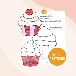 May include: Three stained glass patterns of cupcakes with red and white frosting. The patterns include dotted lines for optional tinned wire. The text "MULTI PATTERNS" is on the image.