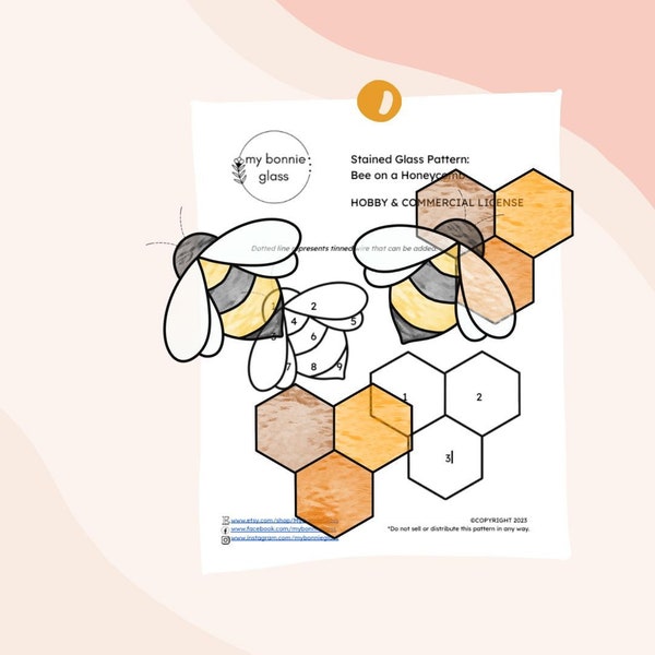 PATTERN • Bee on a Honeycomb Stained Glass Pattern, printable glasswork pattern, digital download