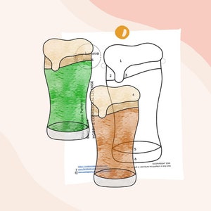 May include: A stained glass pattern for a beer glass with six numbered sections. The glass is filled with a green liquid and a white head. The pattern is labeled "Hobby & Commercial License".