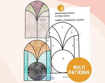 Könnte beinhalten: Ein Bleiglasmuster für einen Art-Deco-Bogen mit einem nummerierten Diagramm zur Montage. Das Muster ist für den Hobby- und kommerziellen Gebrauch bestimmt. Der Text "MULTI PATTERNS" befindet sich in einem gelben Kreis.