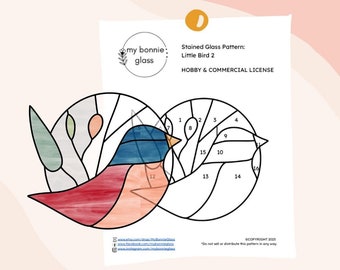 May include: A stained glass pattern of a little bird with a blue, red and orange colour scheme. The pattern is numbered for easy assembly. The pattern is for hobby and commercial use. The text "my bonnie: glass" and "COPYRIGHT 2023" are also included in the image.