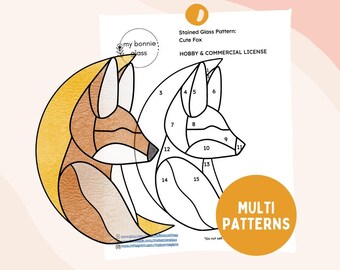 May include: A stained glass pattern of a cute fox with numbered sections for colouring. The pattern is labelled "Stained Glass Pattern: Cute Fox" and "Hobby & Commercial License". The image also includes the text "MULTI PATTERNS".