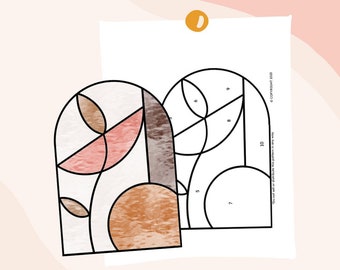 May include: A printable paint-by-number coloring page featuring a stained glass style design with geometric shapes and leaves. The design is in shades of brown, pink, and gray. The numbers 1 through 10 are included on the page.