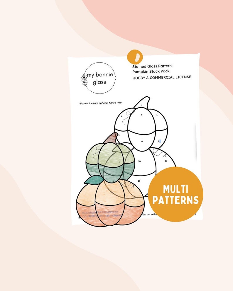 May include: A stained glass pattern for a pumpkin stack, with numbered sections for different colors. The pattern is labeled "Stained Glass Pattern: Pumpkin Stack Pack" and "Hobby & Commercial License". The pattern is for multi patterns.