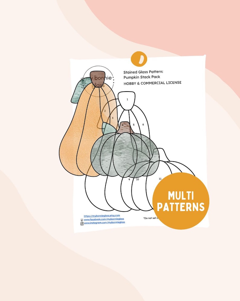 May include: A stained glass pattern for a pumpkin stack pack. The pattern includes 11 pieces, numbered 1 through 11. The pattern is for hobby and commercial use.