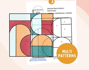 PATTERN PACK • Mod Circles Stained Glass Pattern Pack, printable glasswork pattern, digital download