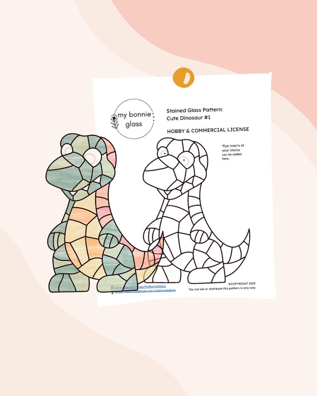 PATTERN Cute Dinosaur 1 Stained Glass Pattern, Printable Glasswork